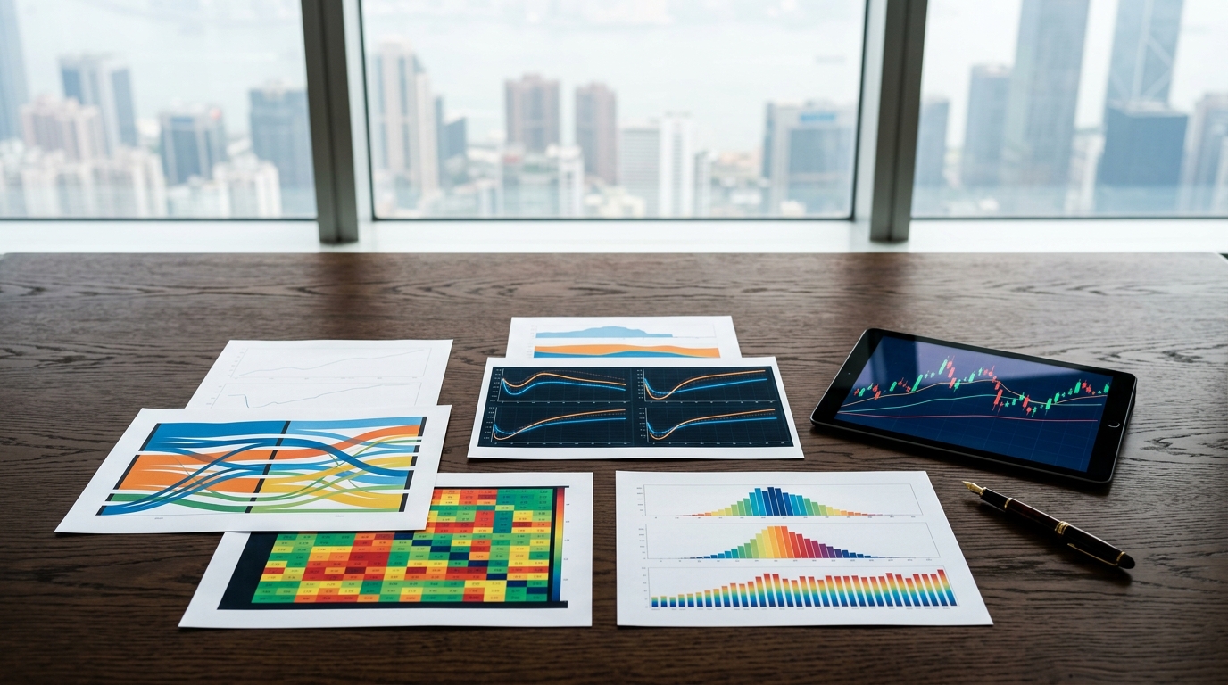 Asian market and export supply chain analysis documents showing time-zone session sequence diagrams and central bank interest rate comparisons on a conference table