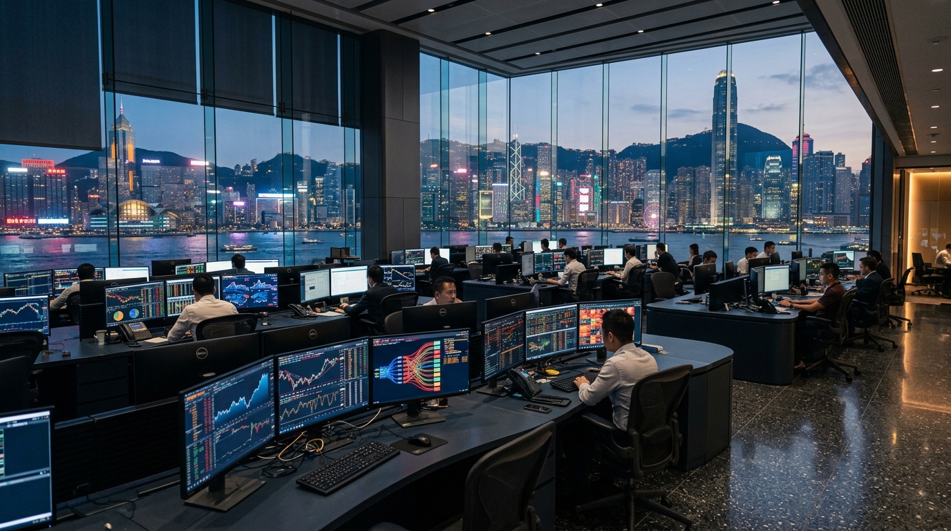 Modern Asian financial trading floor with curved displays showing Asia-Pacific benchmark trends, session timelines, and currency flows