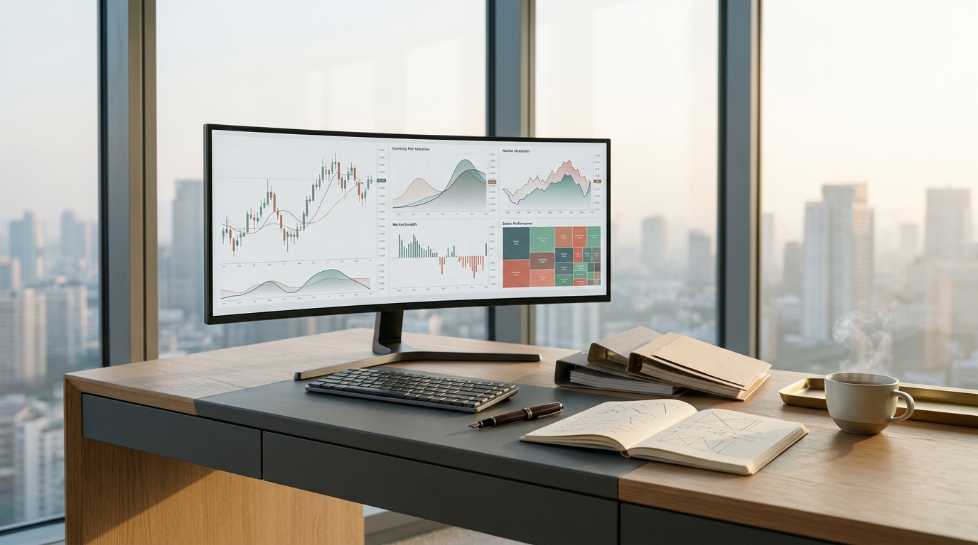 Senior Asian equities researcher workspace with ultrawide display illustrating constituent market breadth, exchange rates, and export sector performance