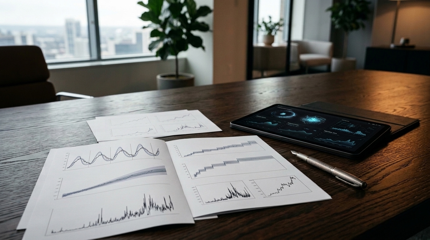 Digital asset research documents showing abstract halving cycle curves and difficulty adjustment charts on an executive table alongside a tablet