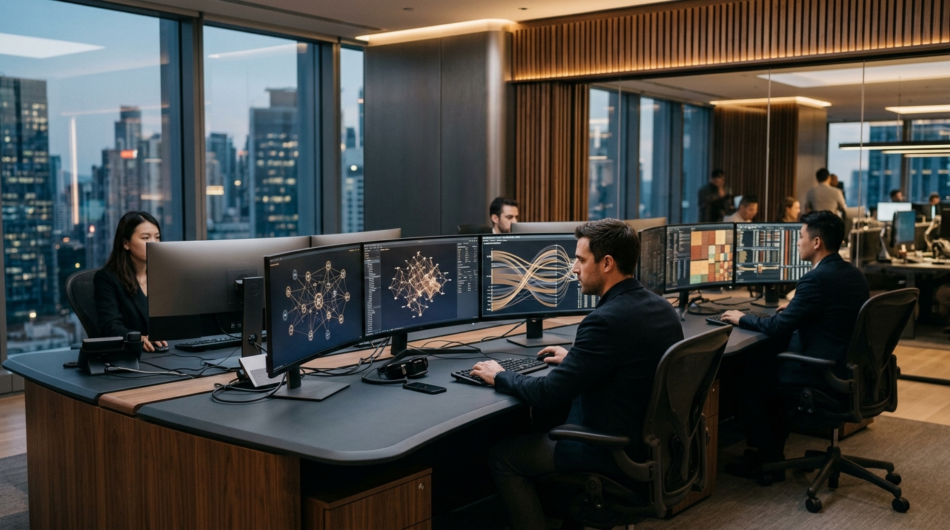 Institutional cryptocurrency market operations room with digital display monitors tracking blockchain network telemetry and asset liquidity