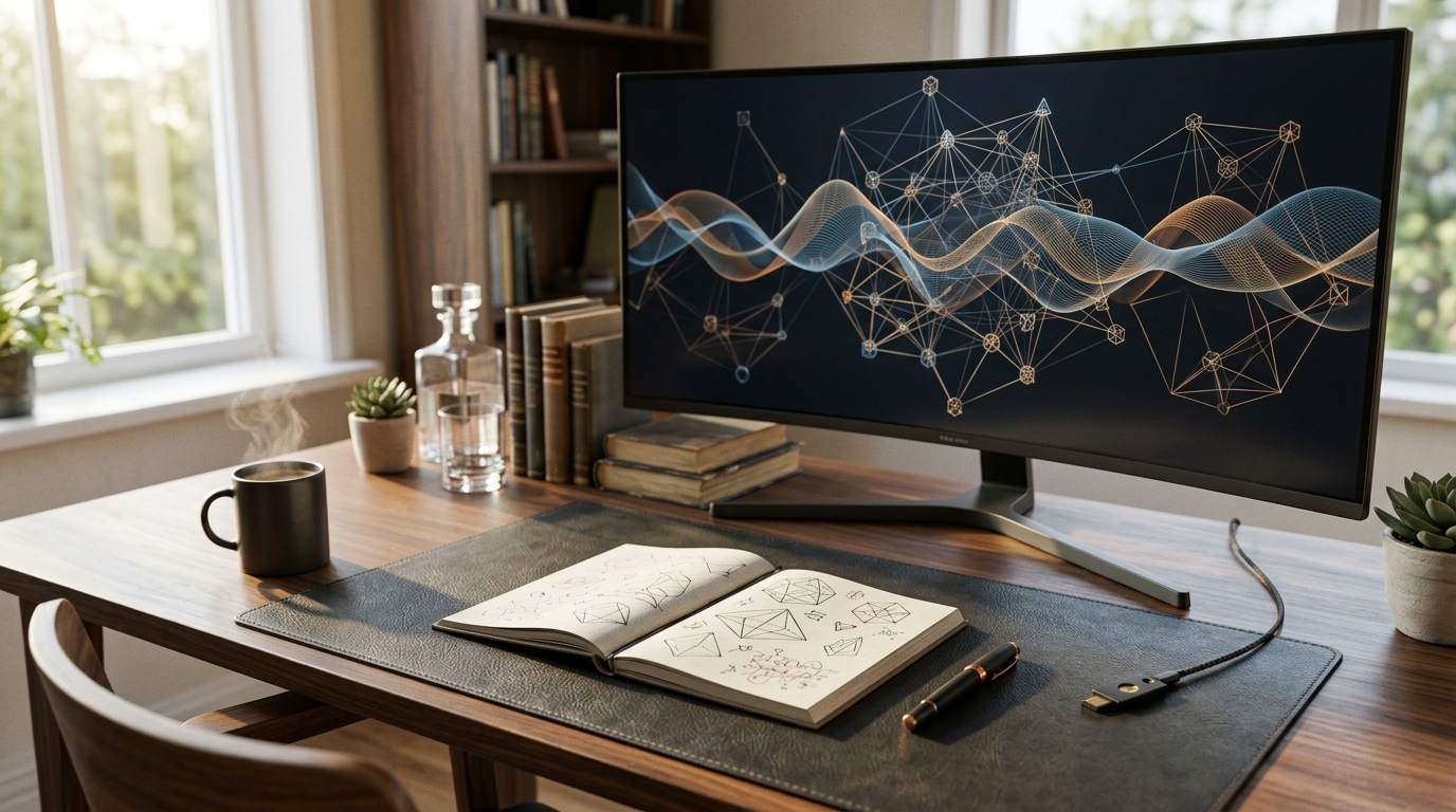 Quantitative digital asset analyst workspace with ultrawide display illustrating blockchain ledger topologies and transaction mempool depth