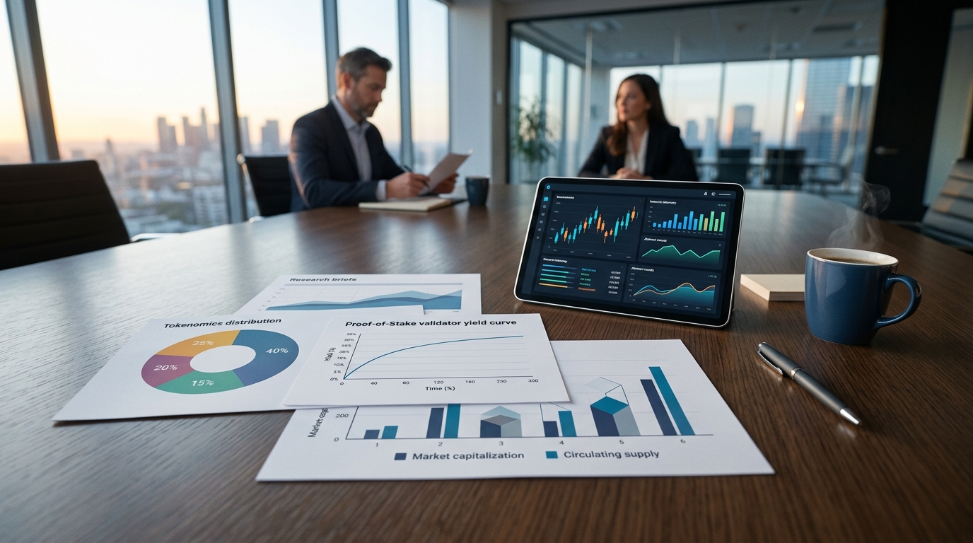 Cryptocurrency market research documents showing tokenomics distribution models and validator yield curves on a conference table