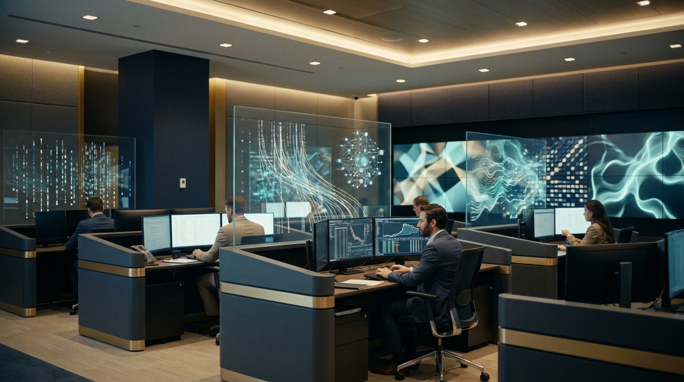 Institutional cryptocurrency market operations control room with display monitors tracking blockchain node telemetry and asset liquidity