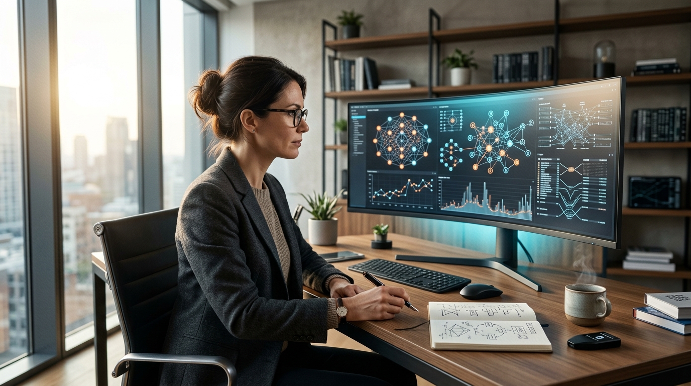 Cryptocurrency and blockchain protocol researcher workspace with ultrawide display illustrating network topology and consensus state