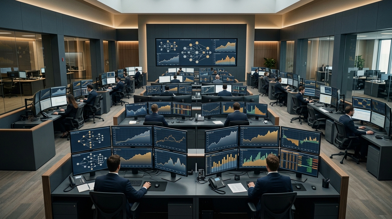 Institutional exchange-traded fund operations room with display monitors tracking basket compositions, NAV pricing curves, and market liquidity