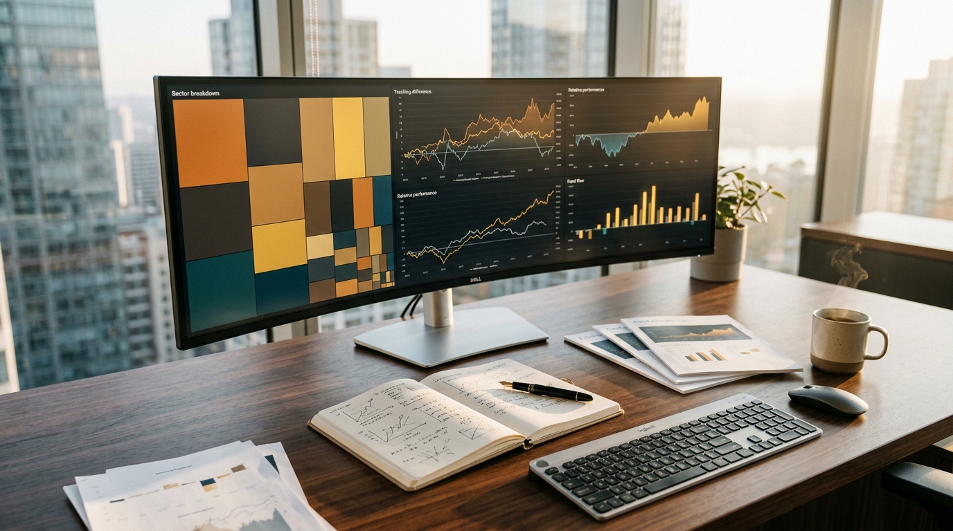 Quantitative ETF portfolio analyst workspace with ultrawide display illustrating sector breakdowns, tracking difference, and fund flows
