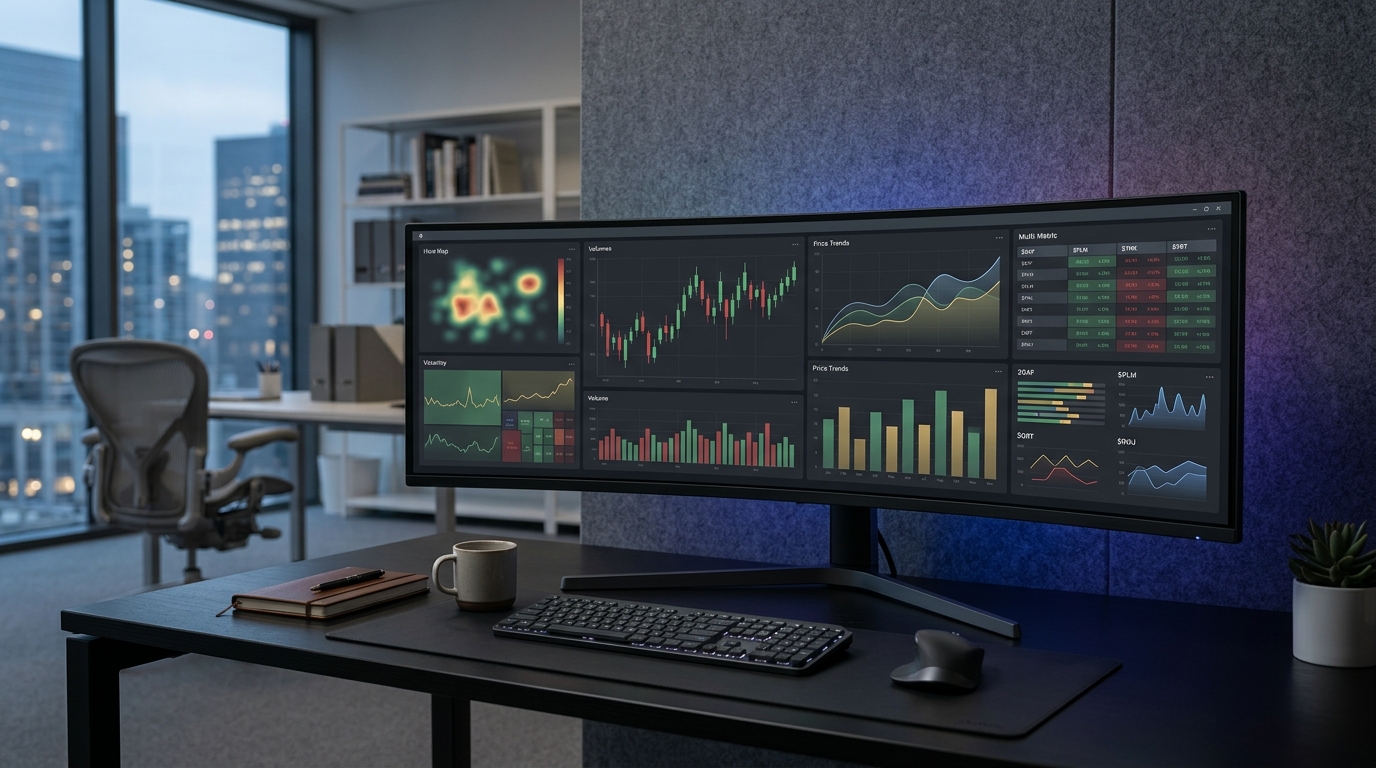 Modern data analysis workstation displaying financial dashboards with status indicators and contextual views