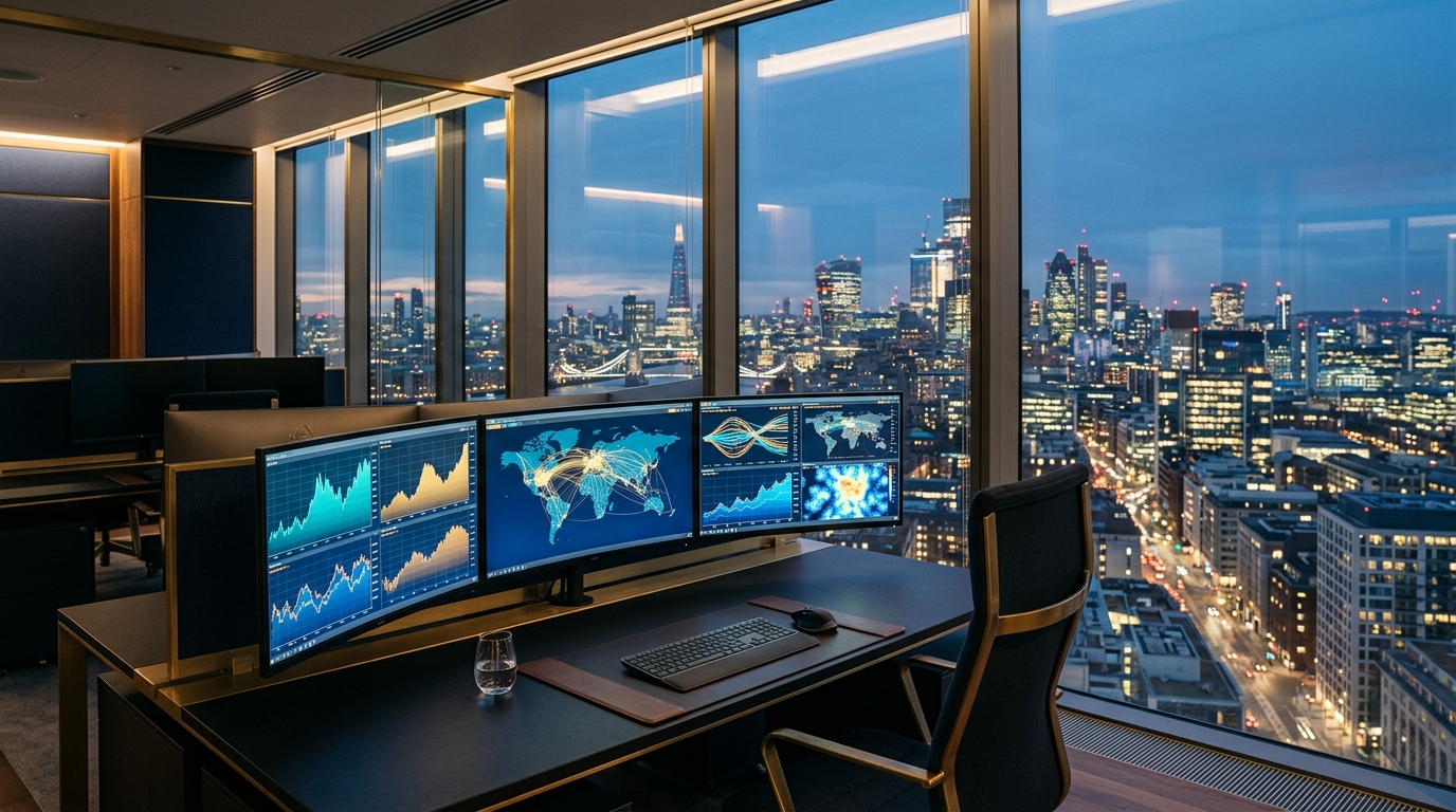 Connected international financial markets with research screens showing global market data