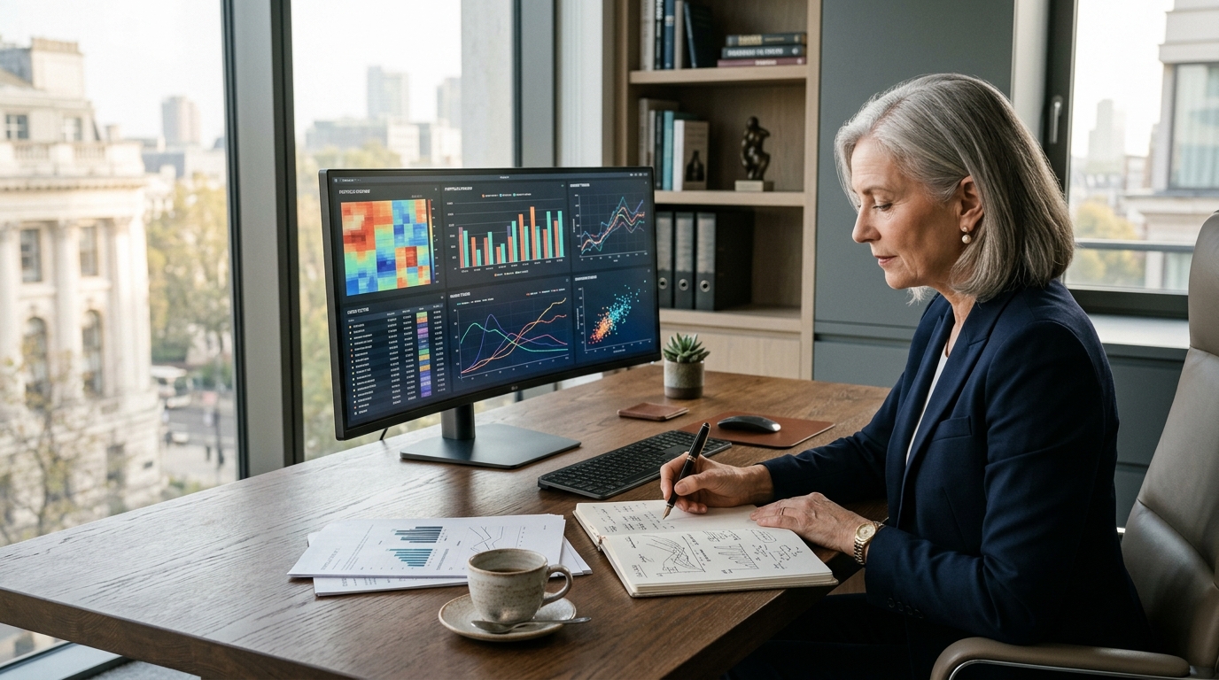 Senior European macro equities analyst workspace with ultrawide display illustrating constituent sector heatmaps, earnings dispersion, and currency trends