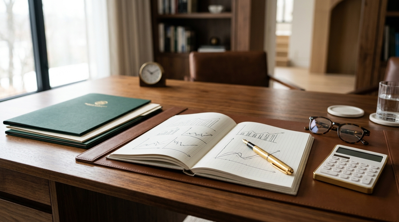 Executive financial analysis workspace with open research notebook showing market trend lines and bar charts, gold fountain pen, calculator, and dossier folder on an oak desk