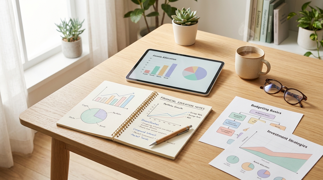 Financial information being studied with notebooks, screens and printed charts on a well-lit workspace