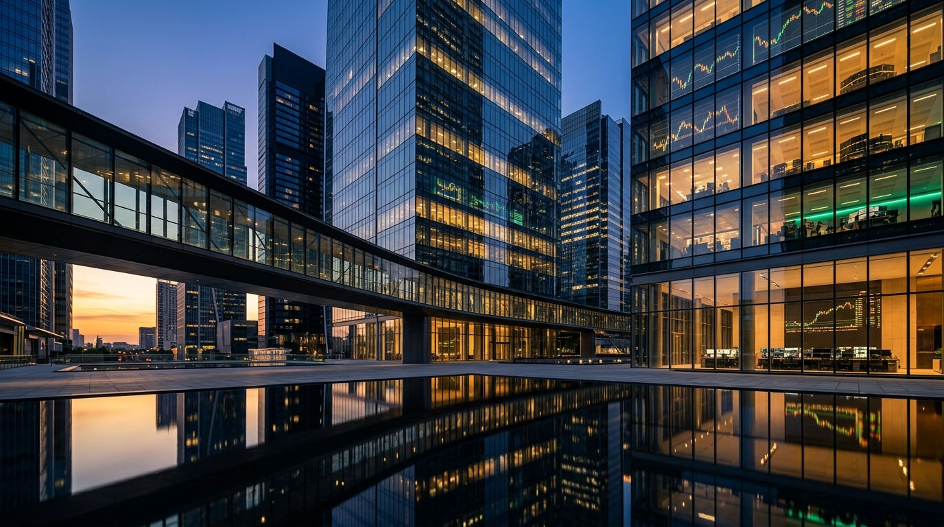 Sophisticated global financial district with modern architecture and subtle market-data displays