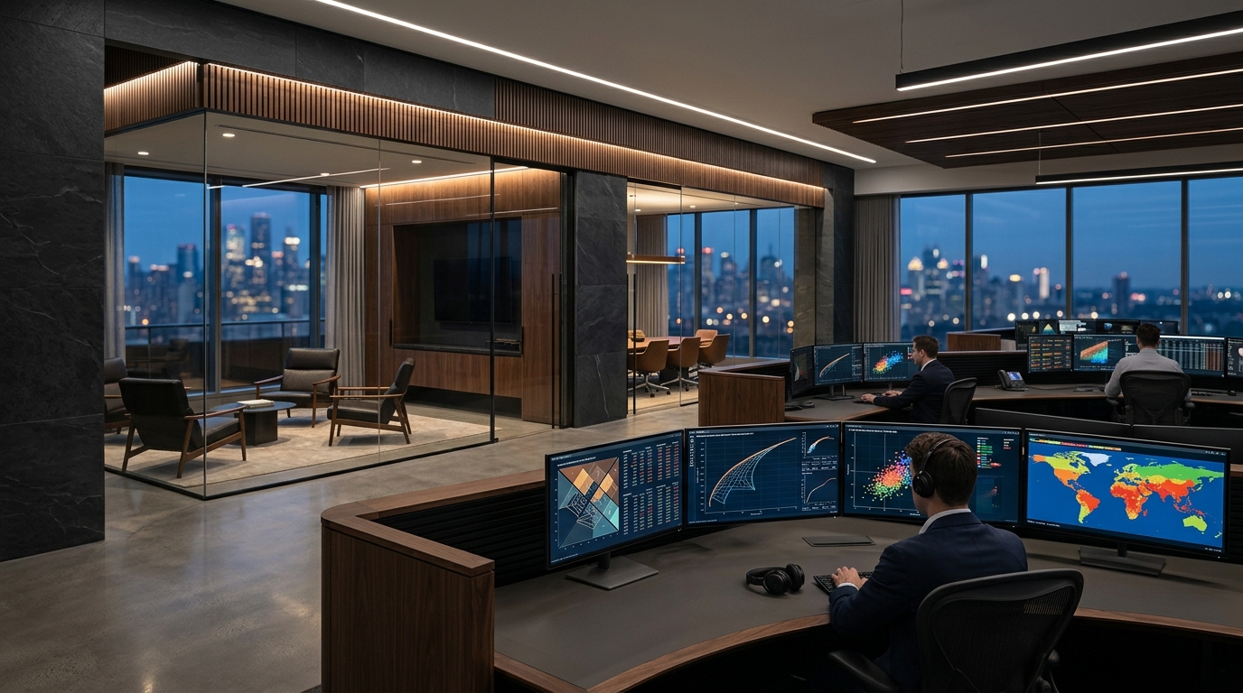 Institutional multi-asset investment portfolio operations command center with curved display monitors tracking asset allocation and liquidity heatmaps
