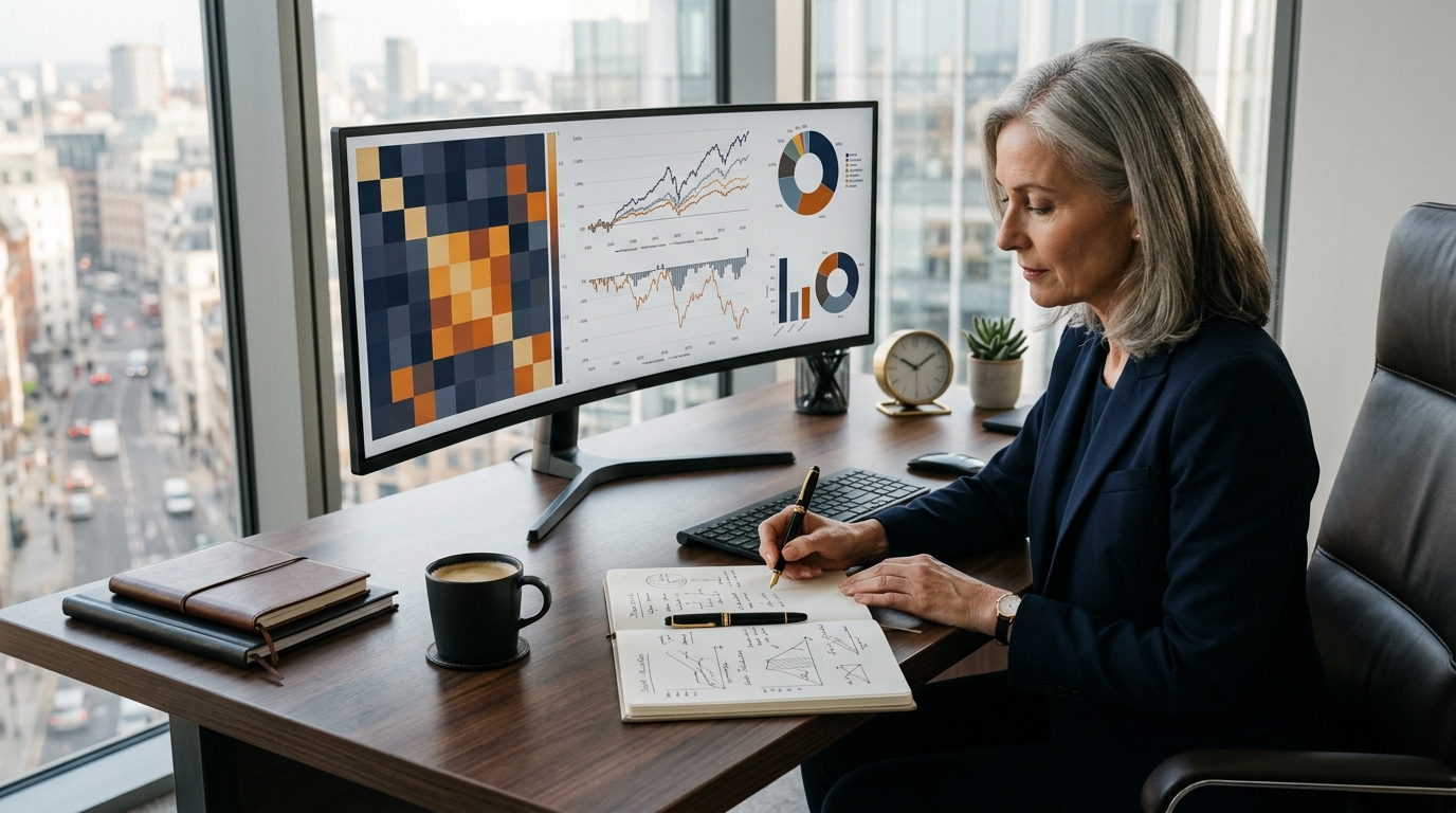 Senior investment researcher workspace with ultrawide display illustrating asset diversification correlation matrices, historical drawdowns, and asset weights