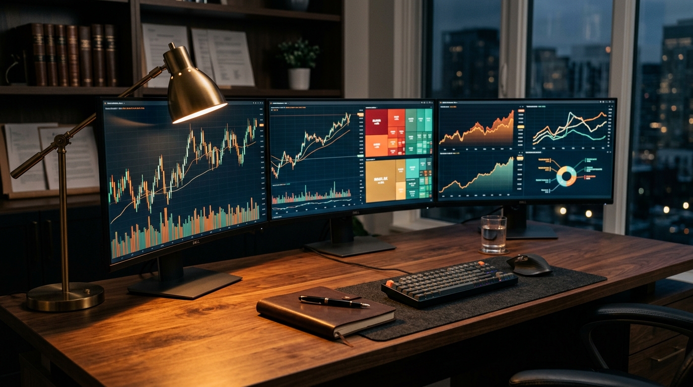 Premium financial research workspace with multiple displays showing market charts and data visualizations