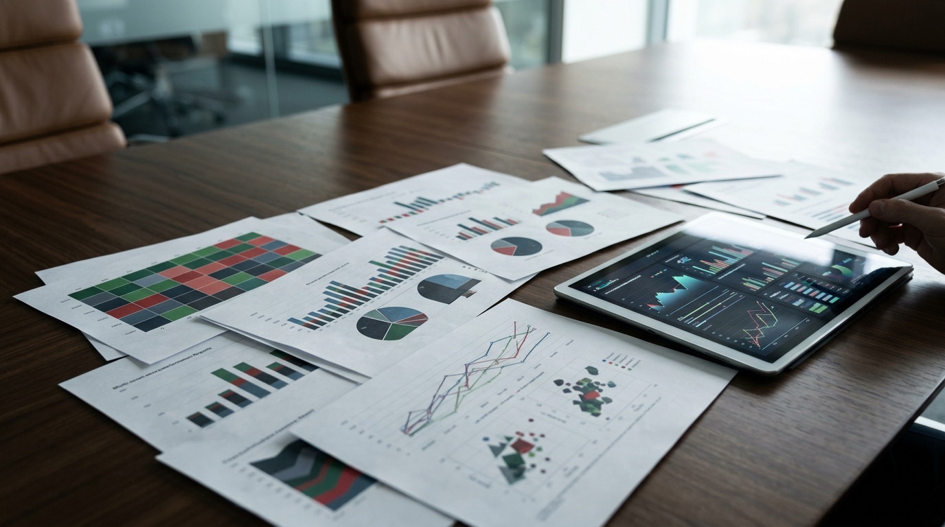 Market breadth reports with abstract heatmaps, bar charts, and performance curves next to a tablet displaying financial dashboards