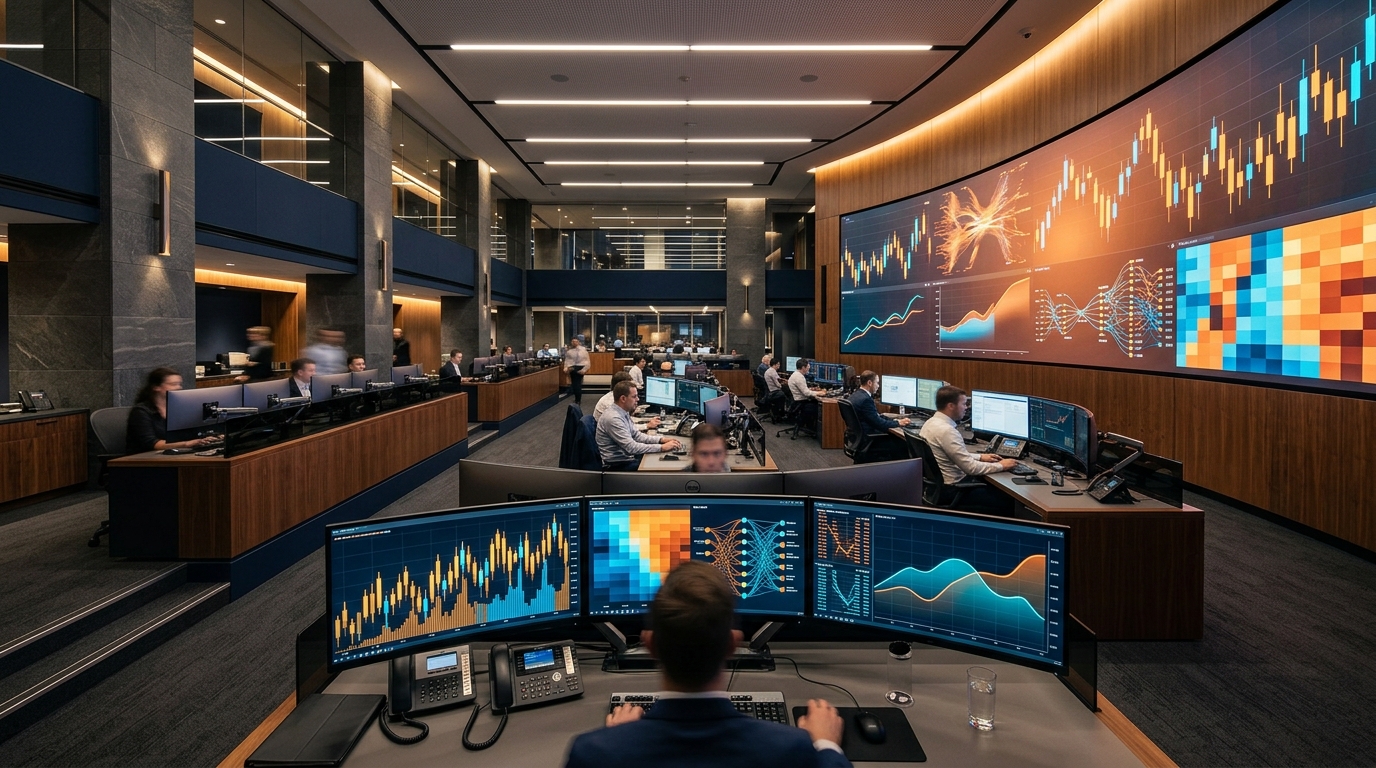 Modern electronic market operations floor showing curved video displays with abstract financial index charts and market depth data