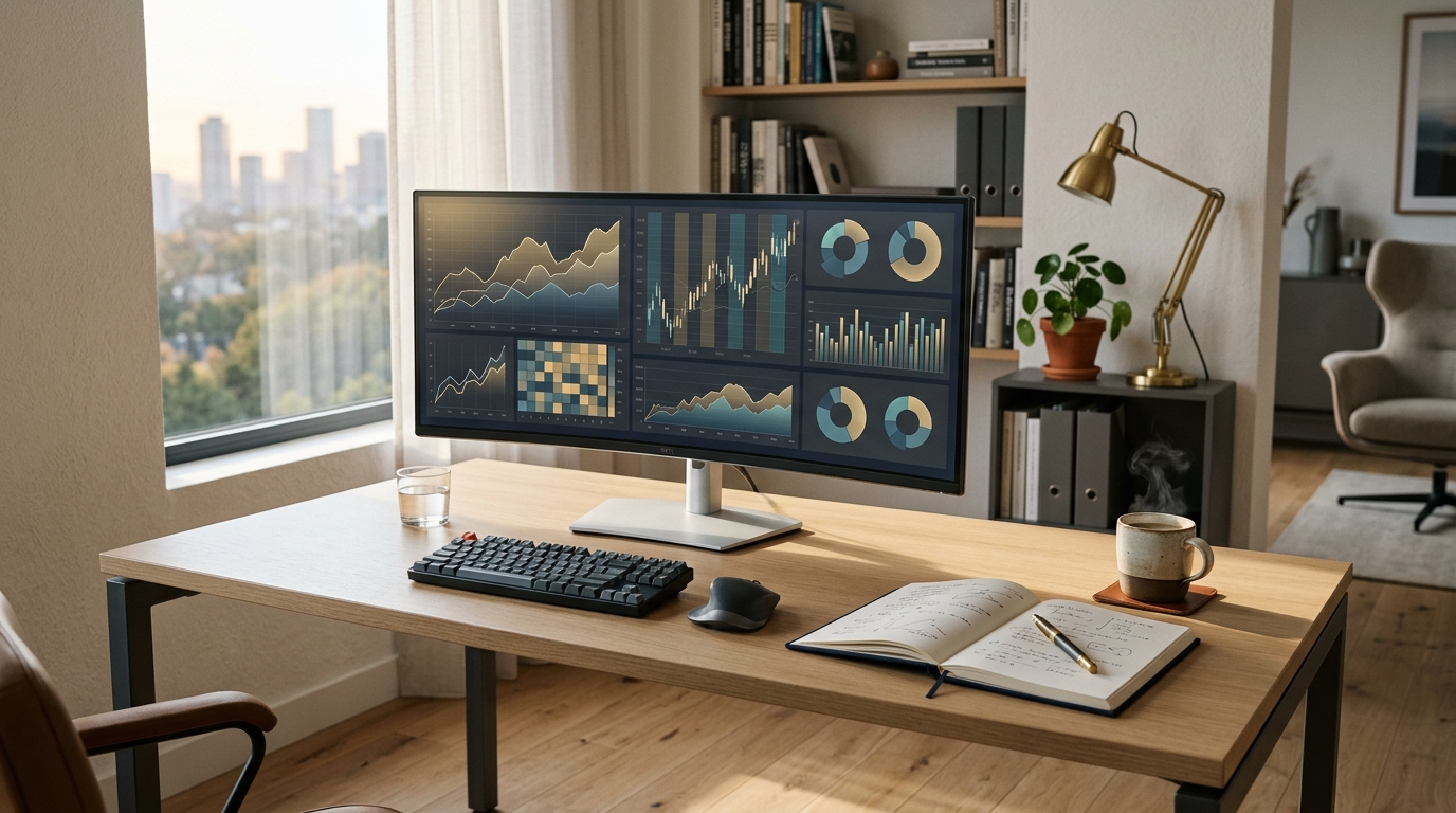 Financial researcher workspace with monitor showing abstract index curves, sector breakdown visualizations and analytical notes