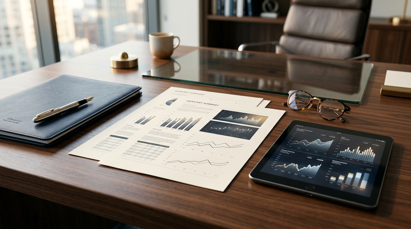 Financial statements, trend charts and a tablet showing company performance data on a premium desk with analytical tools
