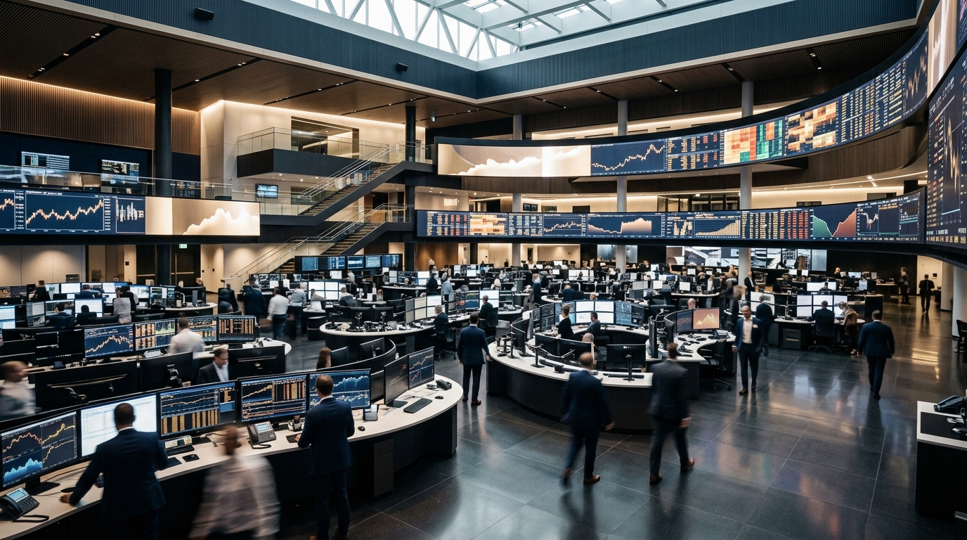 Modern stock exchange trading floor with electronic display boards showing financial market data patterns