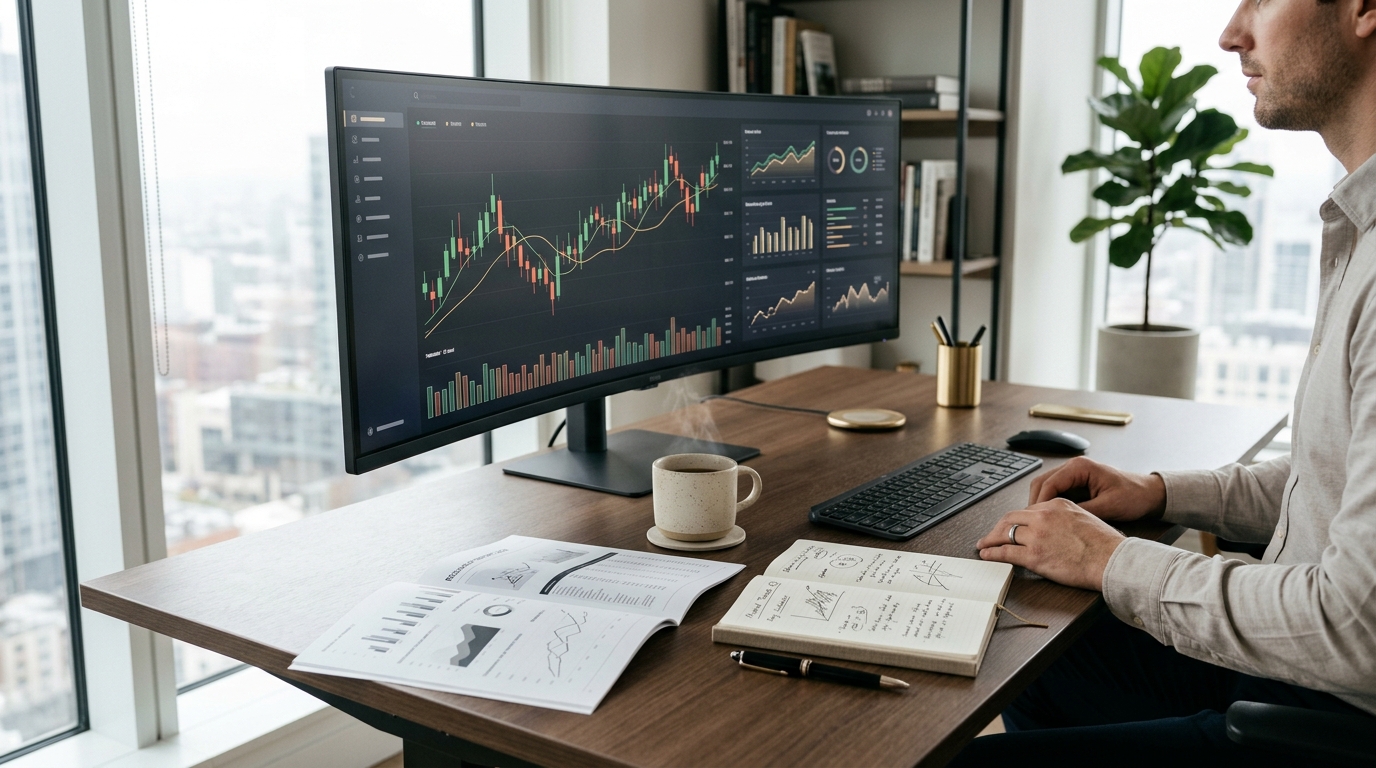 Financial analyst workspace with monitor showing abstract candlestick stock charts, printed reports and handwritten research notes