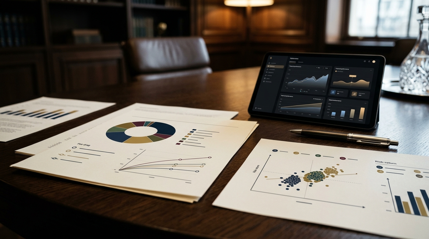 Institutional financial research table with printed reports showing asset allocation donut charts, risk-return scatter plots, and a modern tablet displaying market charts