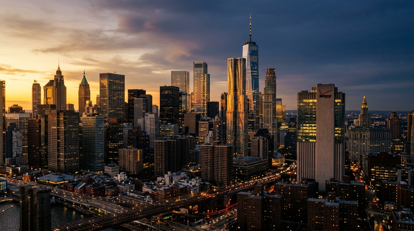 Panoramic evening view of the Lower Manhattan financial district and New York City skyline with illuminated skyscrapers, One World Trade Center, and Brooklyn Bridge