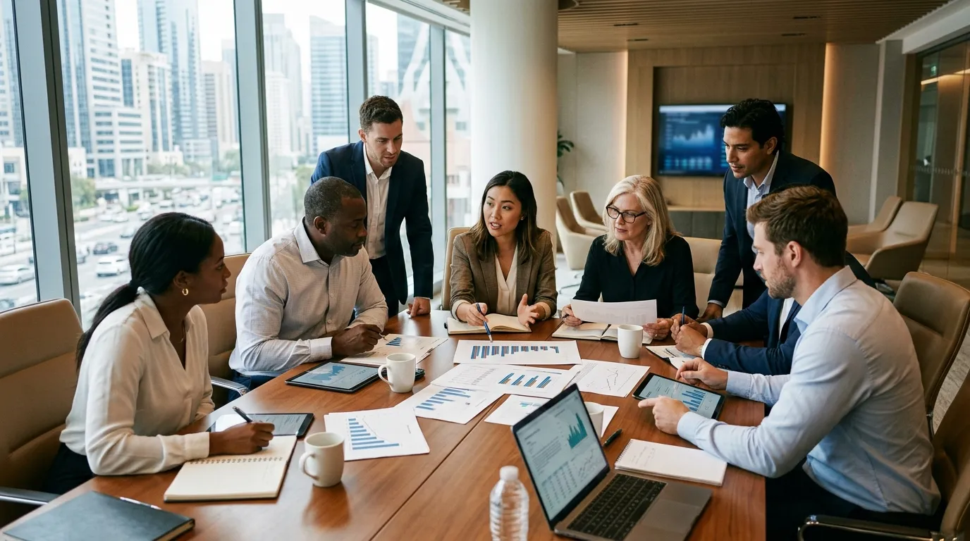 Team of professionals collaborating around financial research and editorial planning