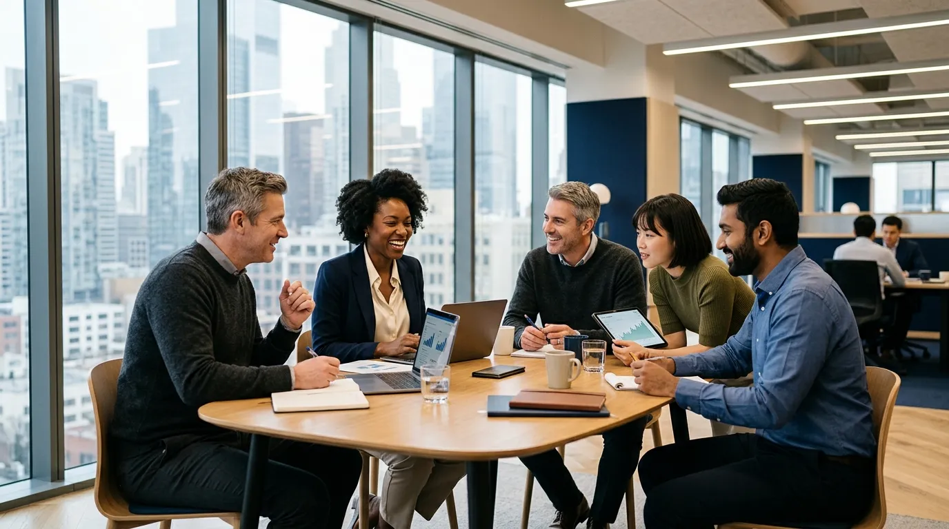 Diverse professional financial-media team collaborating in a sophisticated modern office